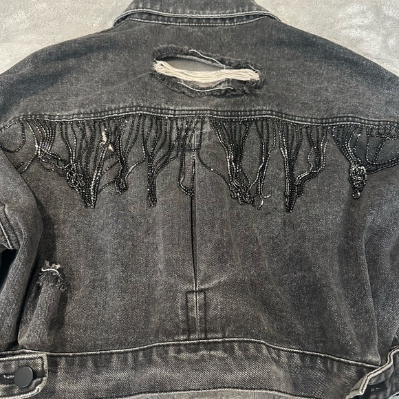 Blue B Dark Distressed Cropped Denim Jacket with Rhinestone Fringe
Size S/M - Picture 8 of 9